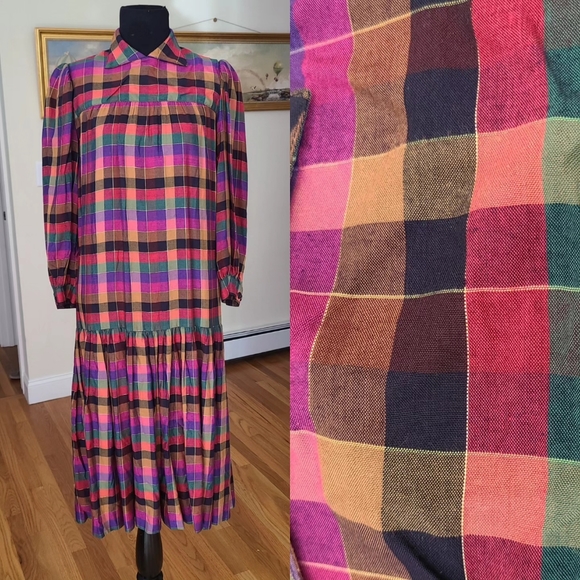 American Vintage Dresses & Skirts - VTG 60s 70s 80s metallic plaid drop waist point collars dress - JT Dress
